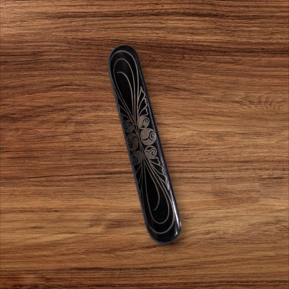 Vintage Black Etched Bar Pin Brooch Floral Design Long 3" Elegant Jewelry Accent